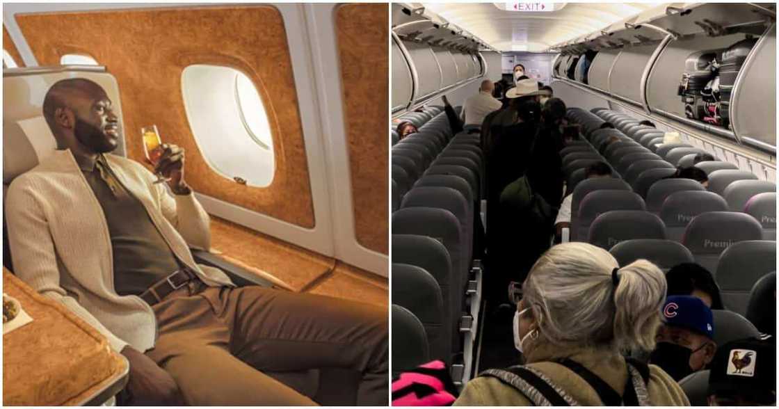 Man flies first class, woman, economy