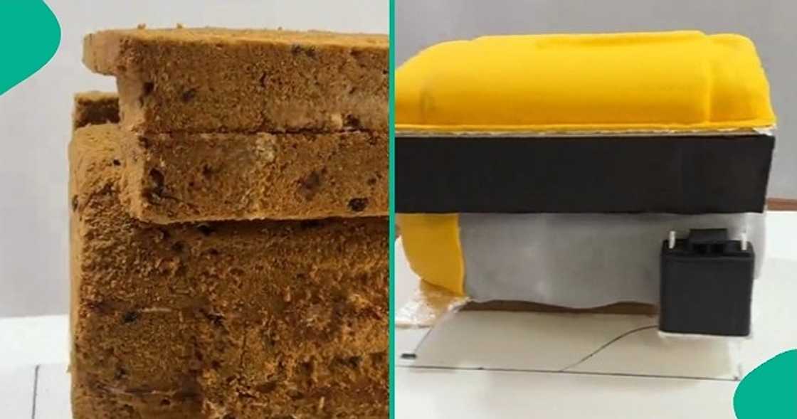 Creative lady shows off baking process of cake that looks like fuel powered generator. Creative lady shows off baking process of cake that looks like fuel powered generator.