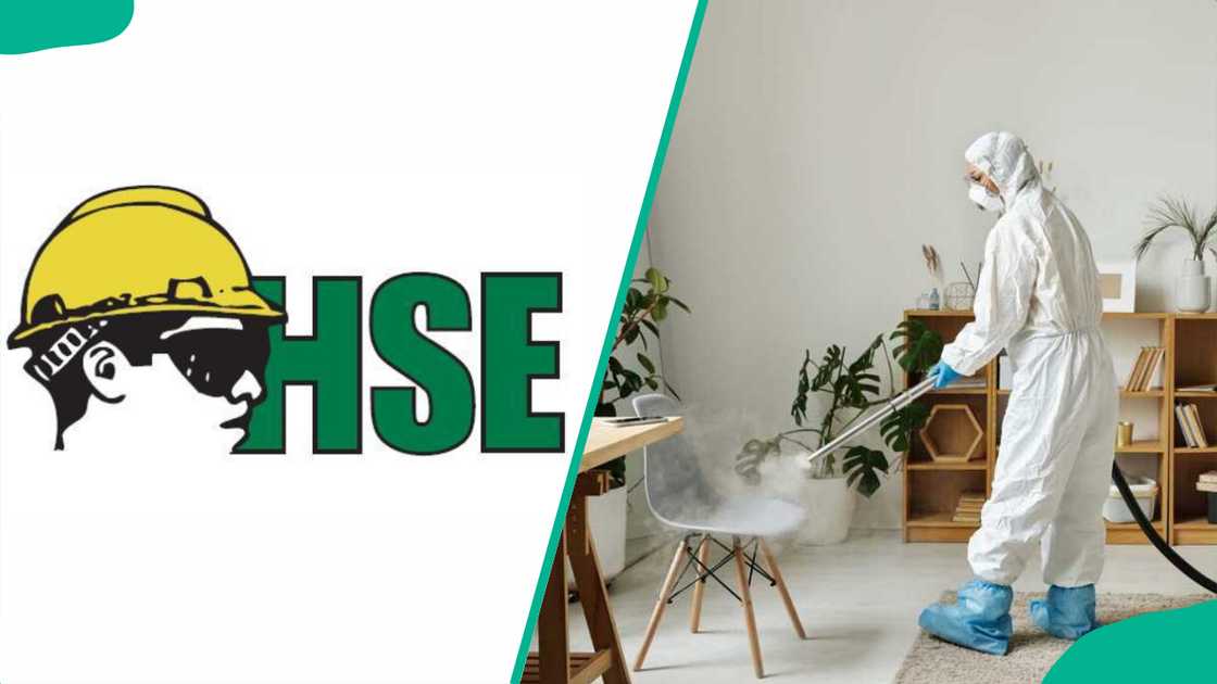 HSE's logo and a woman disinfecting a chair HSE's logo and a woman disinfecting a chair