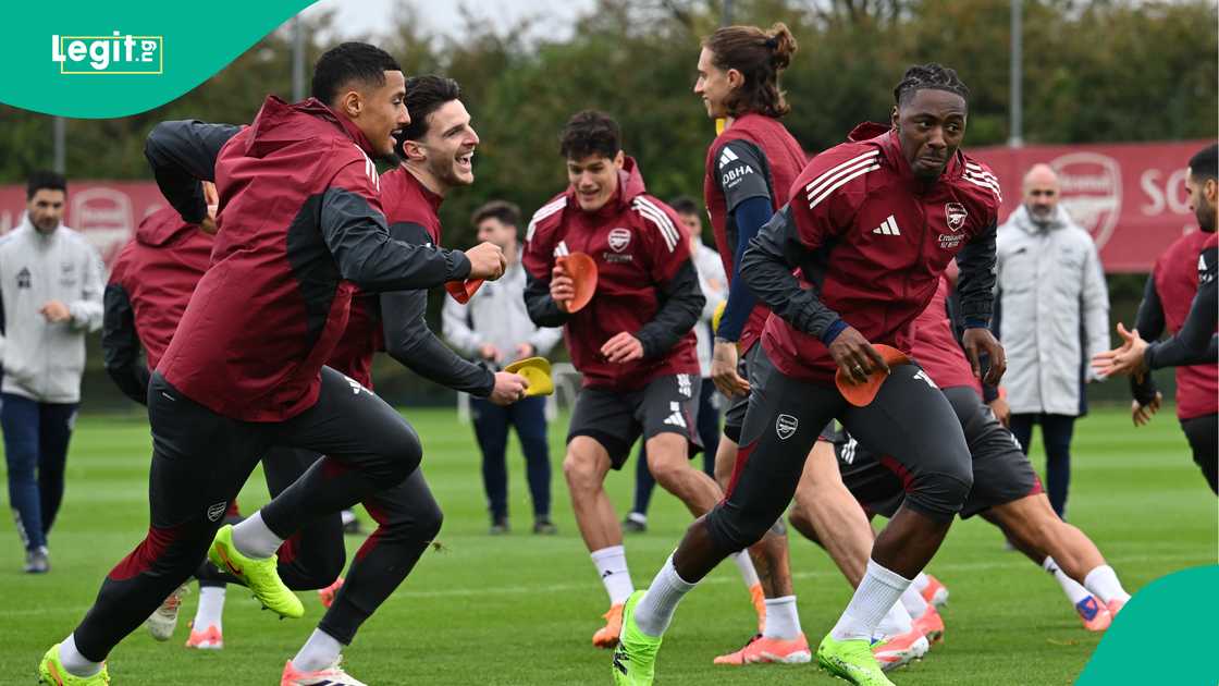 William Saliba, Declan Rice, Piero Hincapie, Riccardo Calafiori, Eberechi, Arsenal, London, UEFA Champions League. William Saliba, Declan Rice, Piero Hincapie, Riccardo Calafiori, Eberechi, Arsenal, London, UEFA Champions League.