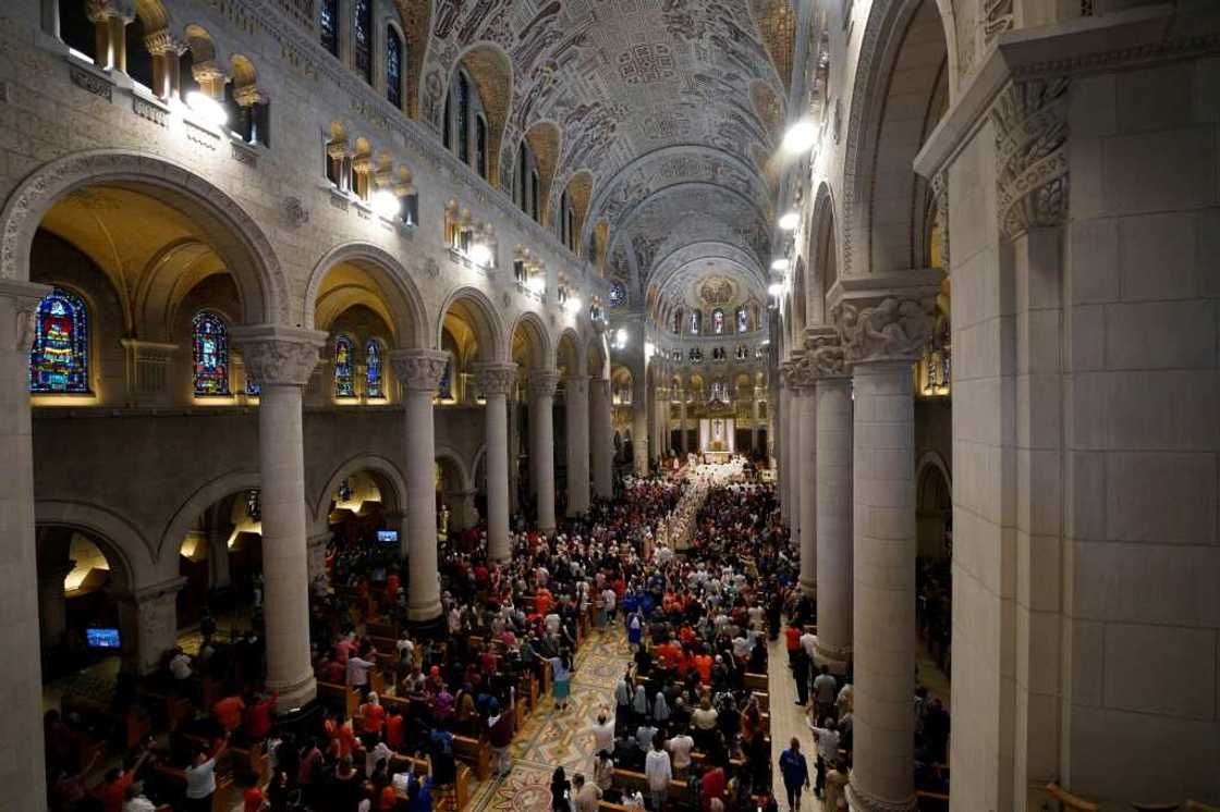 Pope Francis celebrates mass at the shrine of Sainte-Anne-de-Beaupre in Quebec, Canada, on July 28, 2022 Pope Francis celebrates mass at the shrine of Sainte-Anne-de-Beaupre in Quebec, Canada, on July 28, 2022