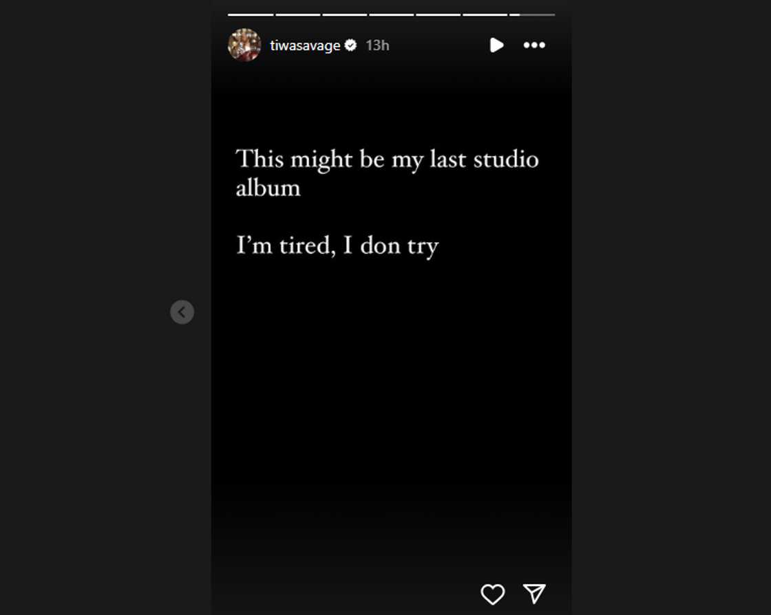 Tiwa Savage considers quitting music. Tiwa Savage considers quitting music.