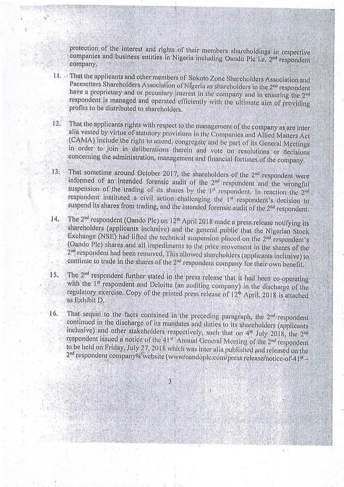 Oando shareholders have taken SEC to court to challenge penalties against Oando in May 31st letter