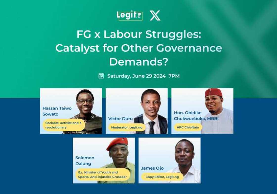 Solomon Dalung, Hon Obidike Chukwuebuka, James Ojo, Victor Duru, Legit.ng X Spcae, FG and Labor Congress Solomon Dalung, Hon Obidike Chukwuebuka, James Ojo, Victor Duru, Legit.ng X Spcae, FG and Labor Congress