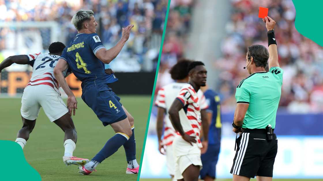 USA's Folarin Balogun steps on Bosnia's Tarik Muharemovi foot and received a red card. Robert Gauthier