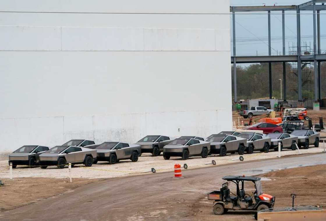 Newly manufactured Tesla Cybertrucks at the company's Giga Texas factory in December 2023 weeks after it commenced deliveries of the futuristic vehicle Newly manufactured Tesla Cybertrucks at the company's Giga Texas factory in December 2023 weeks after it commenced deliveries of the futuristic vehicle