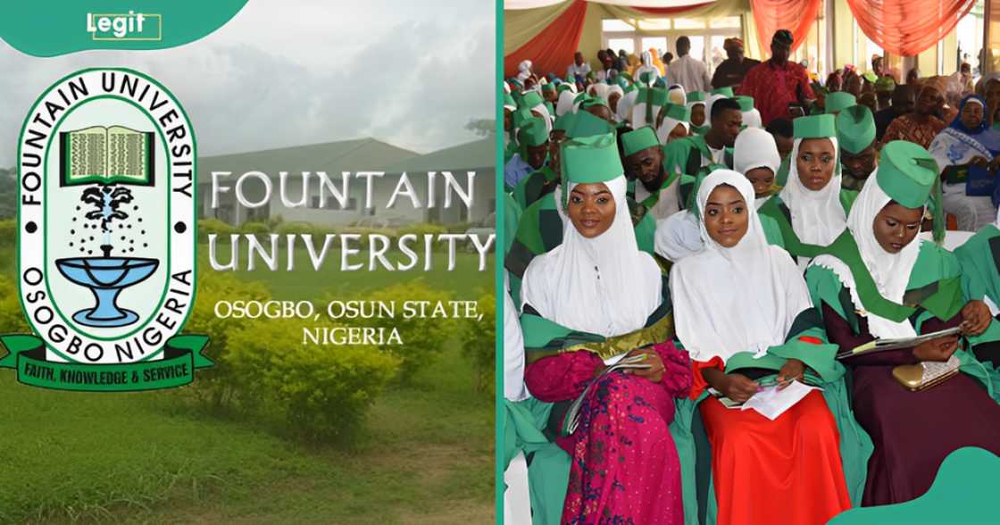 The Fountain University logo (L) and the university's students pictured sitting during a graduation ceremony (R).