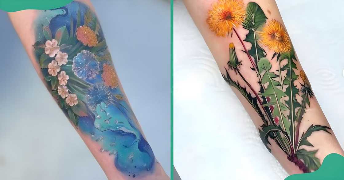 Colourful dandelion tattoos on the forearms. Colourful dandelion tattoos on the forearms.