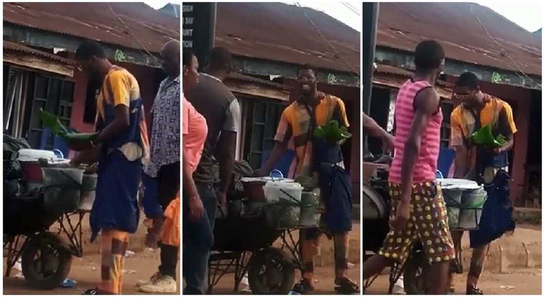 Young man sells cooked rice in wheelbarrow in Edo state. Young man sells cooked rice in wheelbarrow in Edo state.