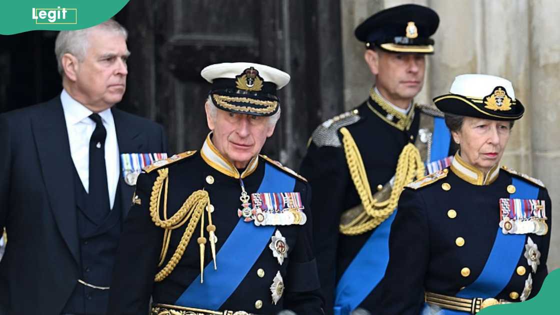 King Charles III, Princess Anne, Prince Andrew, Duke of York, Prince Edward, Earl of Wessex during the burial of Queen Elizabeth II King Charles III, Princess Anne, Prince Andrew, Duke of York, Prince Edward, Earl of Wessex during the burial of Queen Elizabeth II
