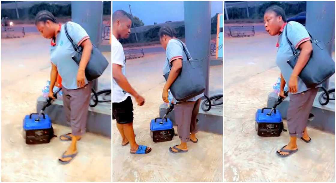 Photos of a pump attendant fueling a small generator. Photos of a pump attendant fueling a small generator.