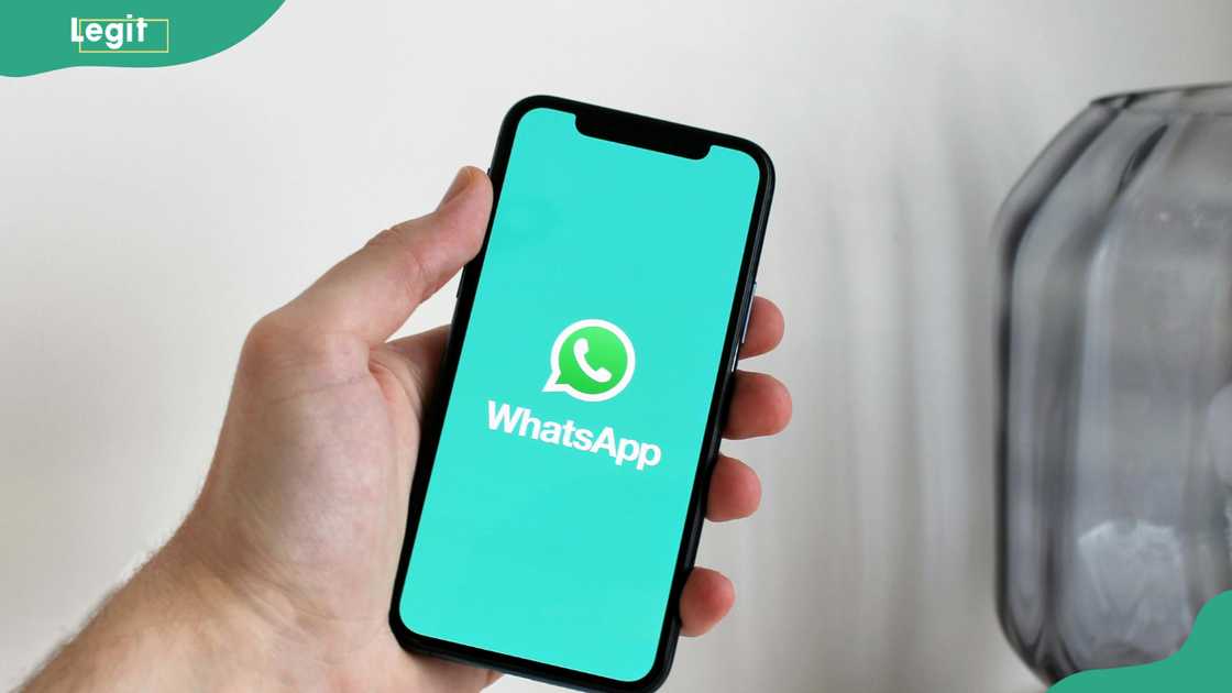 A person holding a smart phone with a WhatsApp logo