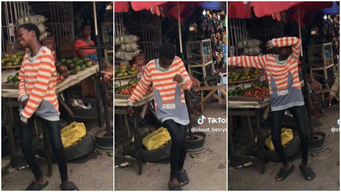 Girl with cool dance moves/kid danced inside market.