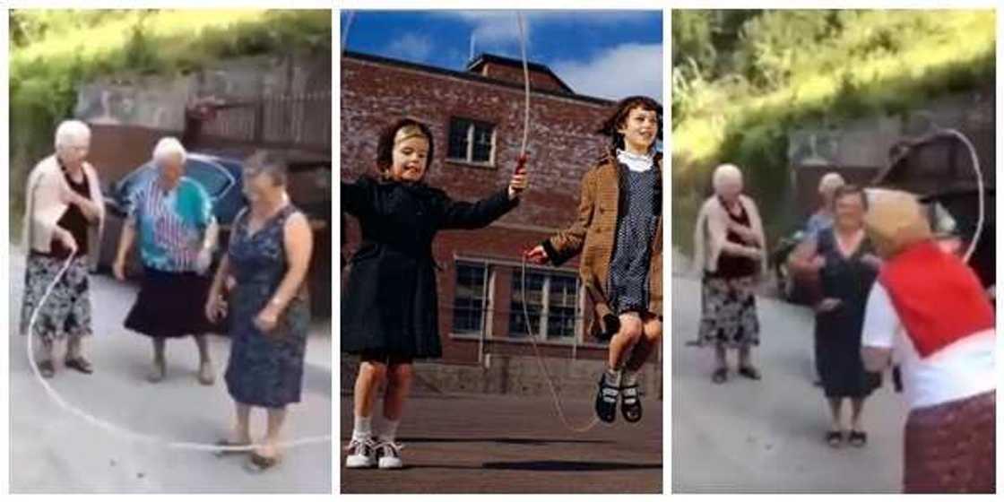 Old women and children skipping rope.