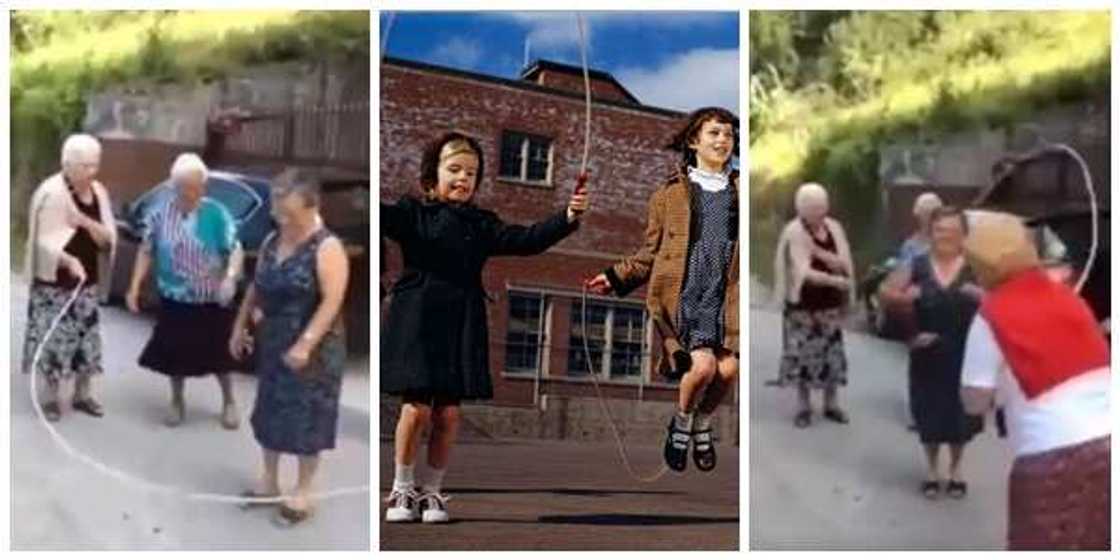 Old women and children skipping rope. Old women and children skipping rope.