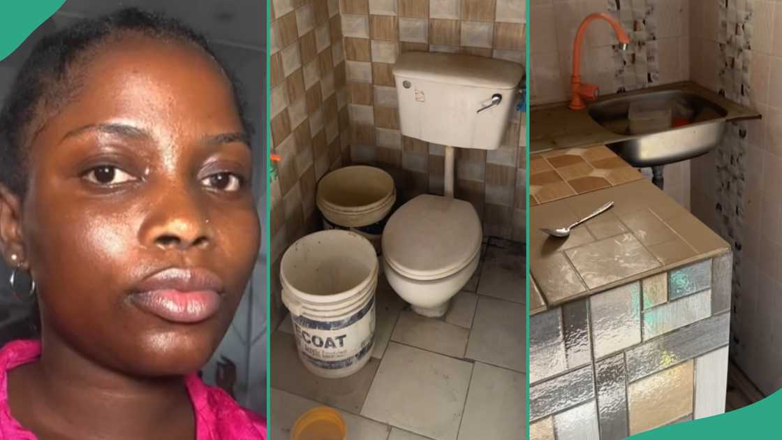 The lady saw an apartment with kitchen and toilet in the same place. The lady saw an apartment with kitchen and toilet in the same place.