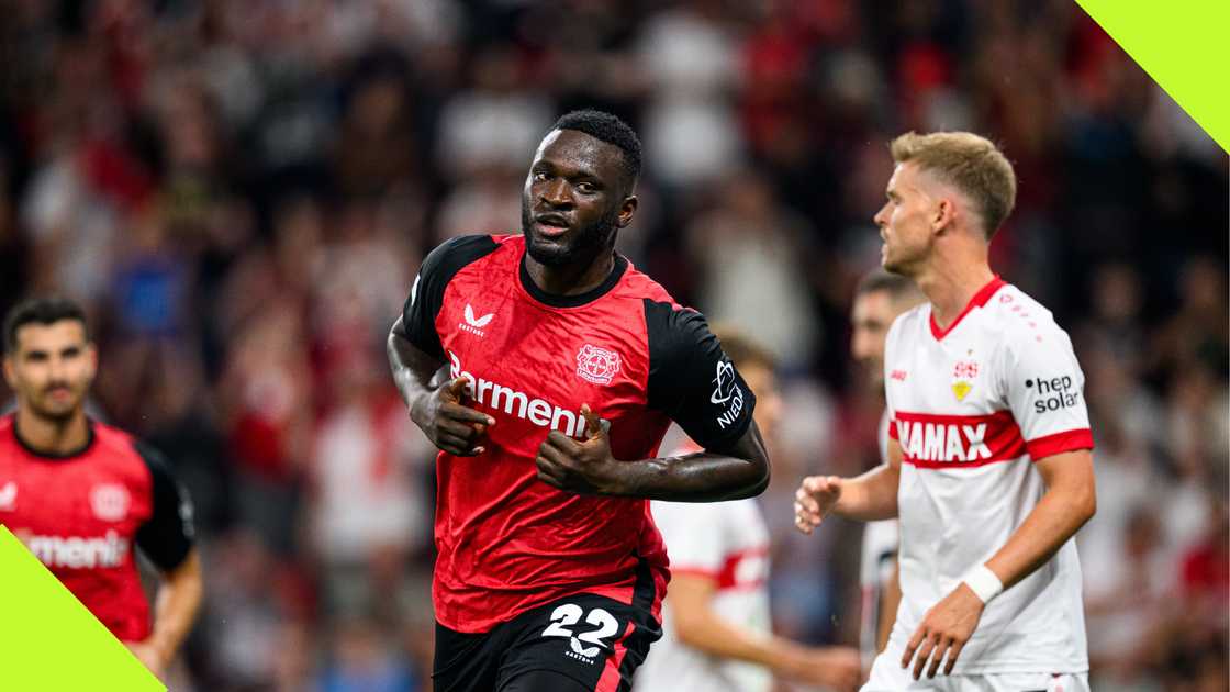 Victor Boniface celebrates scoring in tbr DFB Super Cup final. Victor Boniface celebrates scoring in tbr DFB Super Cup final.