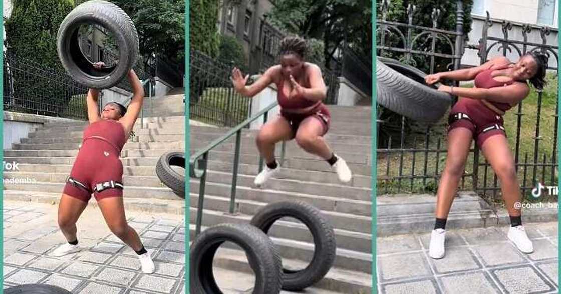 Agile lady works out with full energy at gym