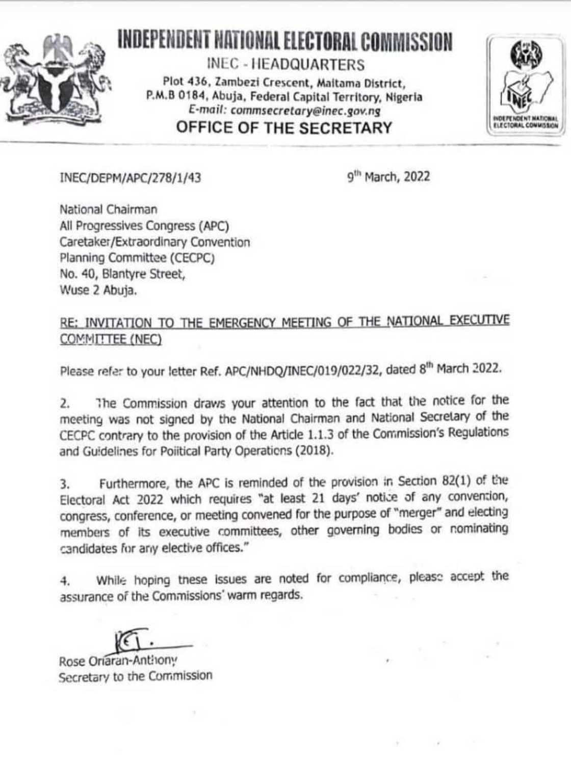 INEC letter to Governor Bello INEC letter to Governor Bello
