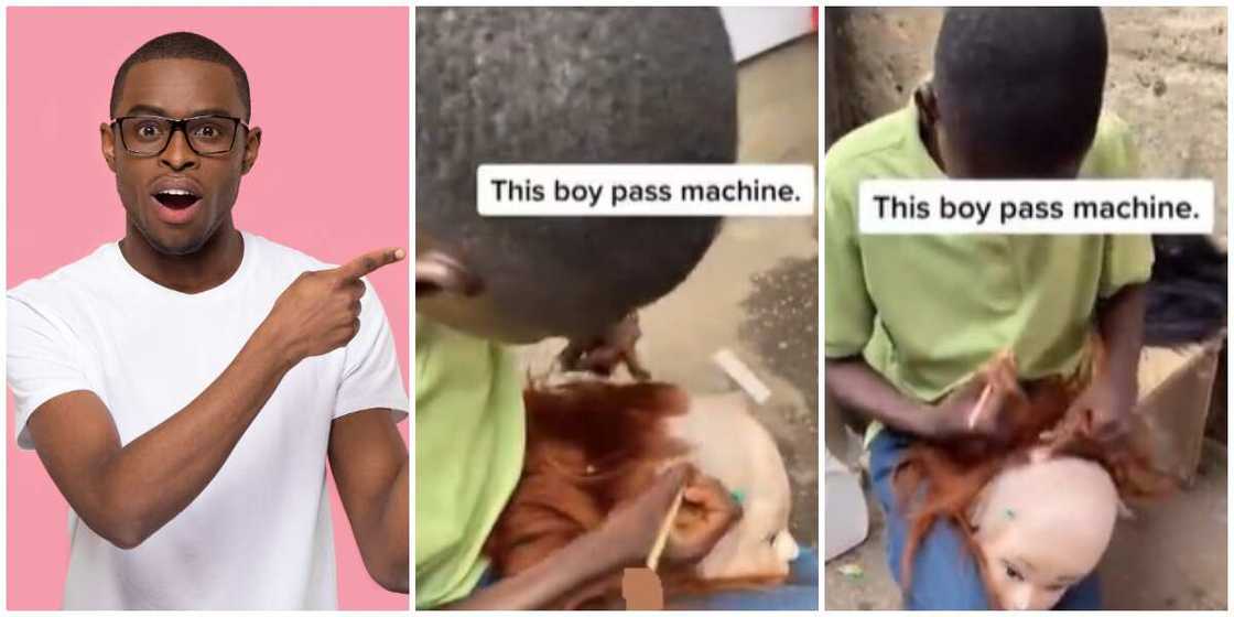 Photos of a stock model and a young boy making wigs.