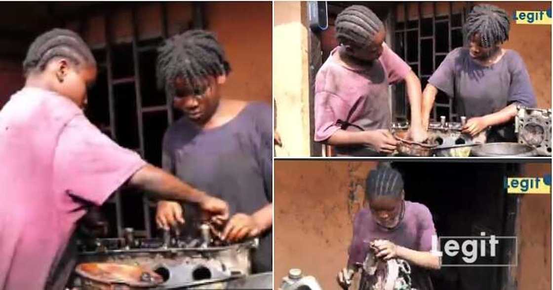 Teenage sisters repairing motor engines Teenage sisters repairing motor engines