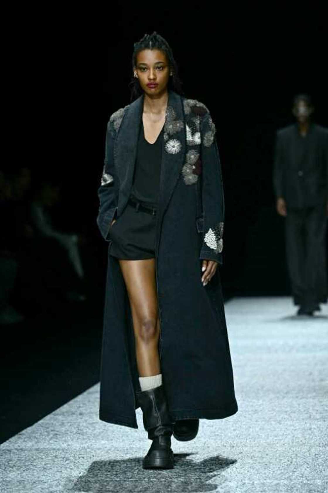 Mini-shorts were a feature of the lady's collection by Giorgio Armani Mini-shorts were a feature of the lady's collection by Giorgio Armani