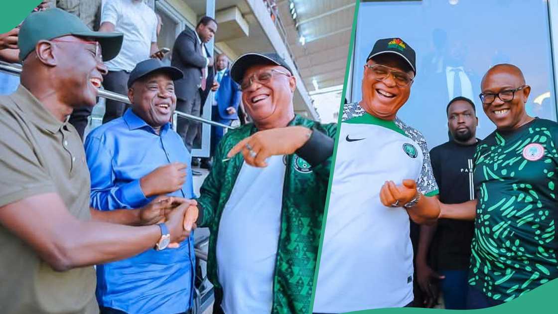 Governor Umo Eno of Akwa Ibom hosts Peter Obi, Babajide Sanwo-Olu, and Douye Diri to watch the Super Eagles match against the Warriors of Zimbabwe. Governor Umo Eno of Akwa Ibom hosts Peter Obi, Babajide Sanwo-Olu, and Douye Diri to watch the Super Eagles match against the Warriors of Zimbabwe.