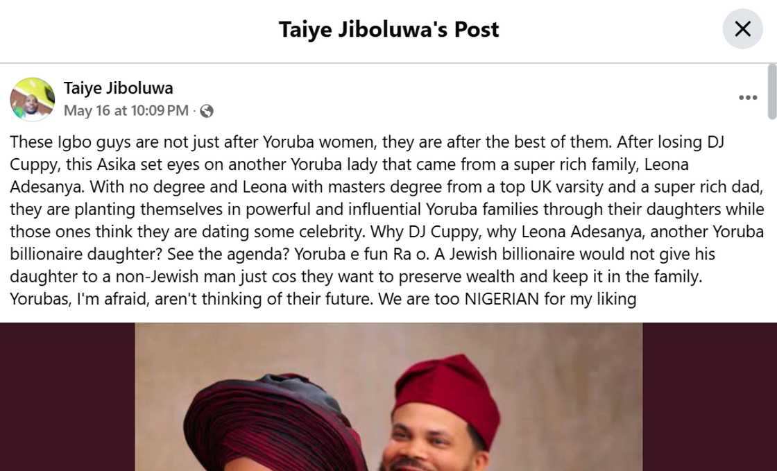 Facebook user claims Asa Asika is deliberately after rich Yoruba women as he marries billionaire's daughter Leona Adesanya after dating DJ Cuppy in the past. Facebook user claims Asa Asika is deliberately after rich Yoruba women as he marries billionaire's daughter Leona Adesanya after dating DJ Cuppy in the past.