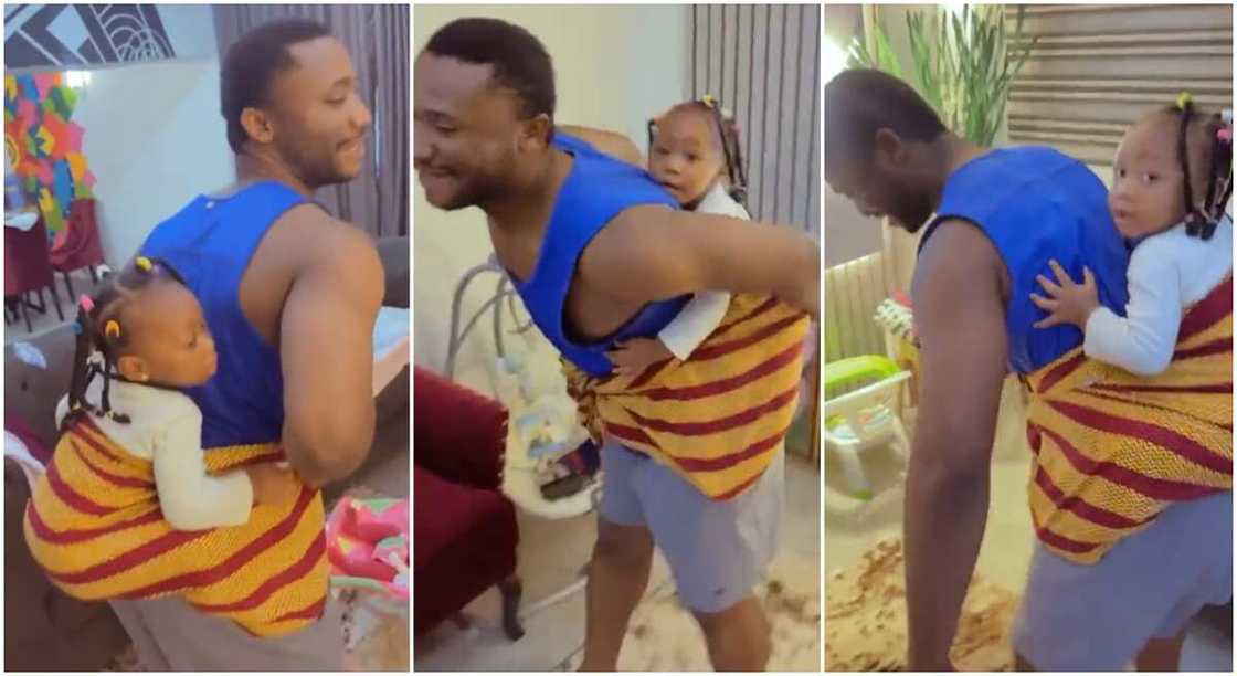 Photos of a dad with his baby on his back as he dances at home. Photos of a dad with his baby on his back as he dances at home.