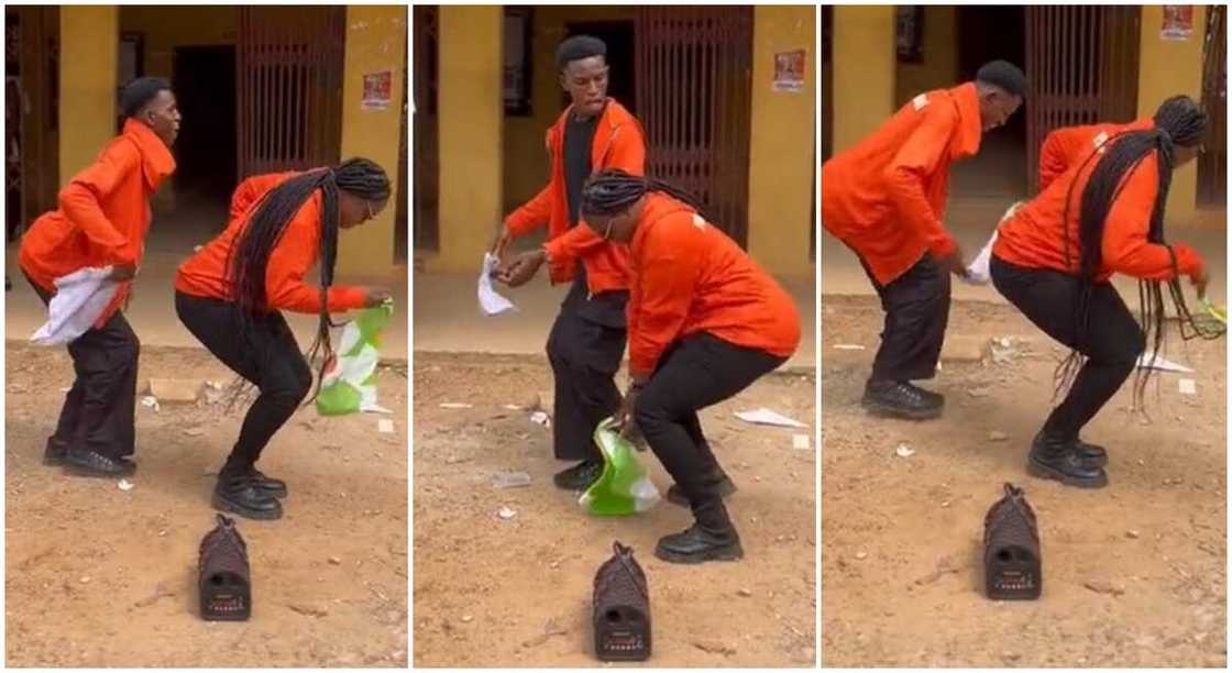 Photos of two students dancing after graduation. Photos of two students dancing after graduation.