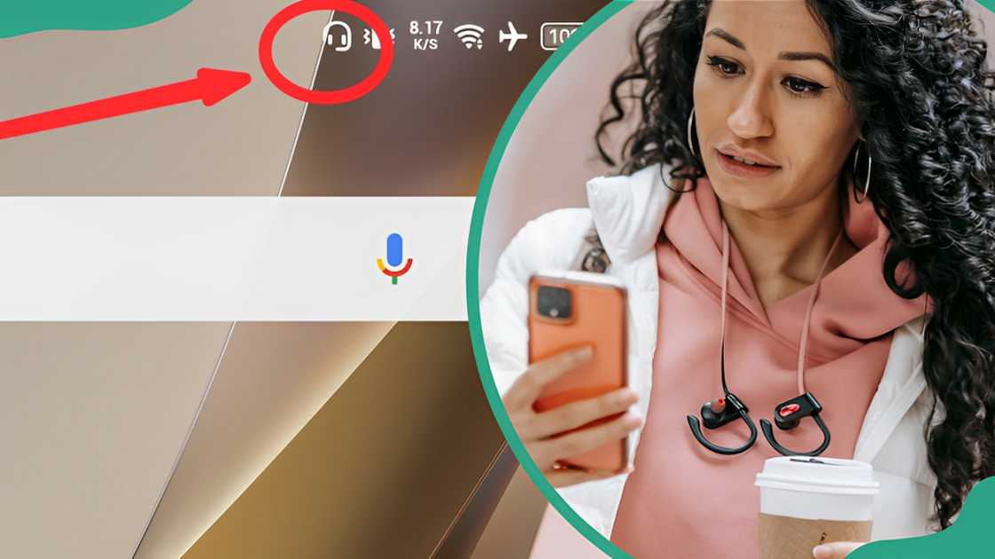 Headphone icon and a woman staring at her phone