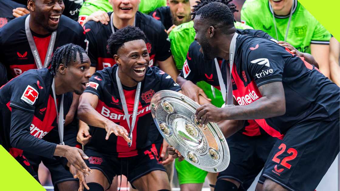 Victor Boniface celebrating Bayer Leverkusen's Bundesliga title.