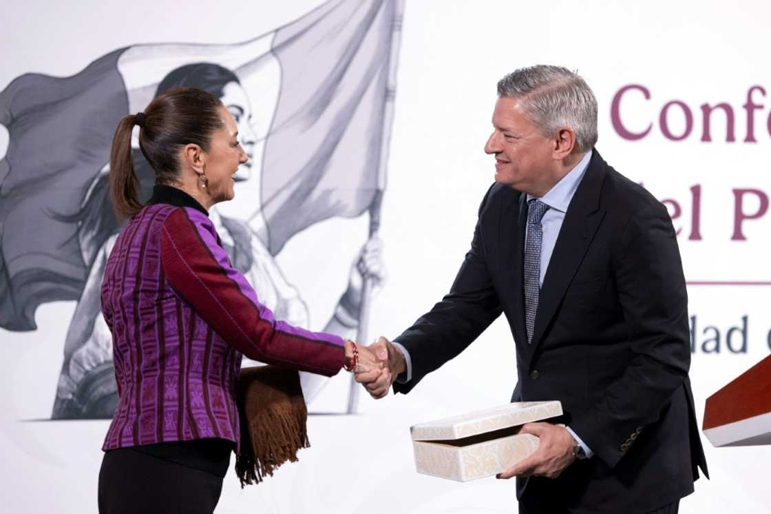 Netflix co-chief executive Ted Sarandos shakes hands with Mexican President Claudia Sheinbaum after the streaming platform announced a billion-dollar investment in her country