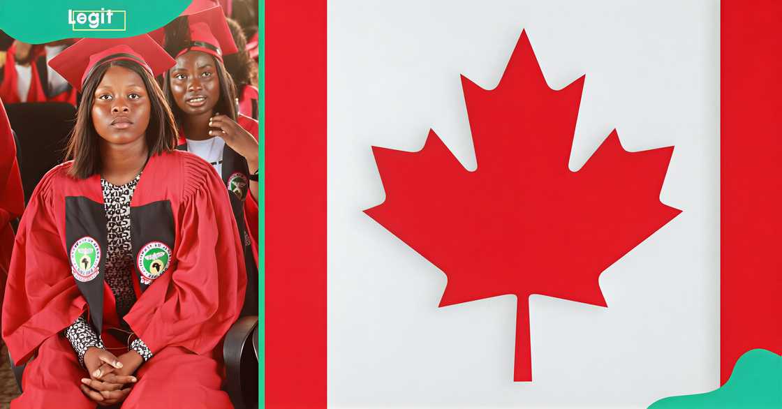 A female student attending a graduation ceremony, likely in Nigeria. The flag of Canada.