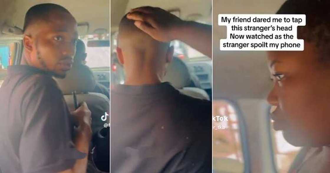 Man reacts after a lady slapped his head inside a bus