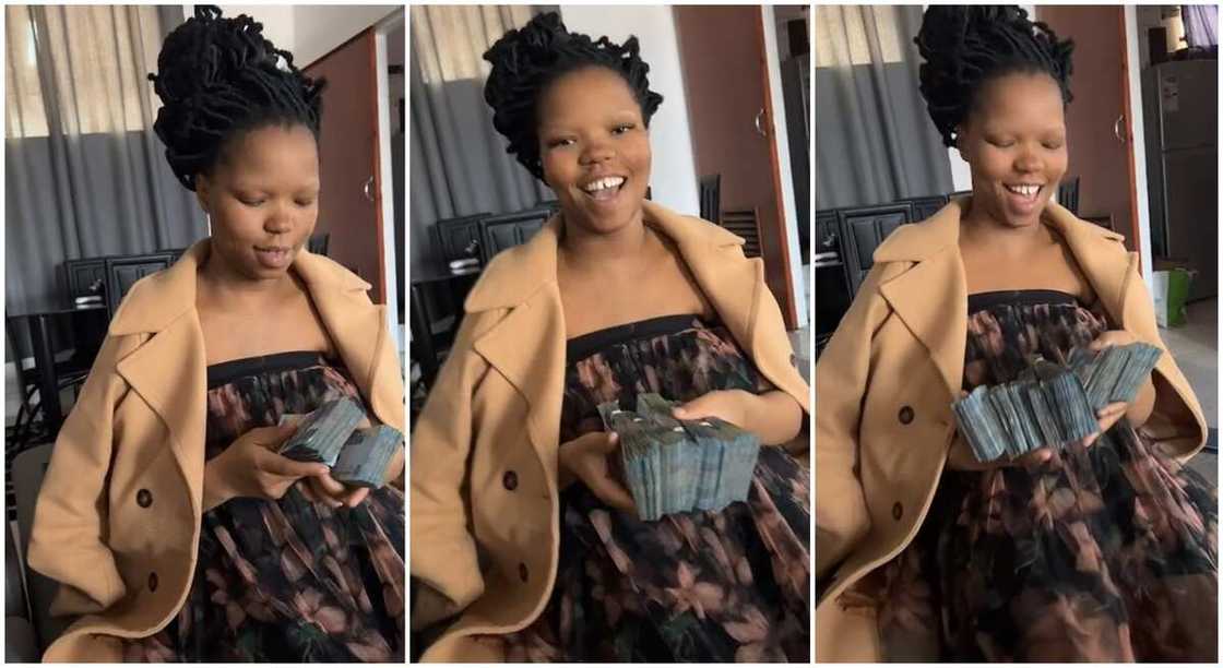 Photos of a lady showing of bundles of cash. Photos of a lady showing of bundles of cash.