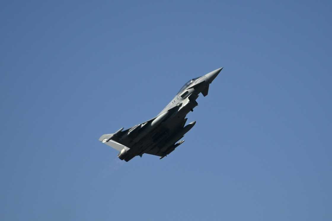 A Spanish Eurofighter EF-2000 Typhoon II aircraft takes off at Graf Ignatievo airbase near Plovdiv, Bulgaria, on February 21, 2022