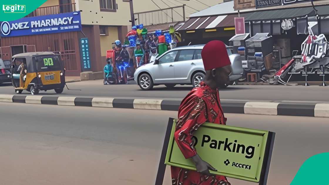 An elderly man was seen with a bank signage on the road
