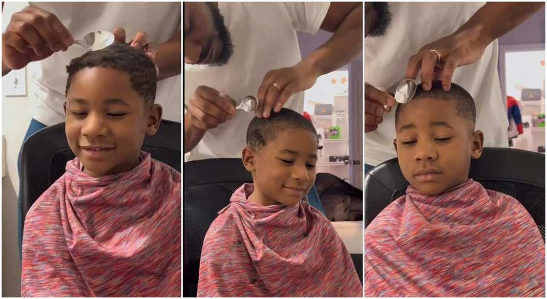 Man using spoon to cut a child's hair.