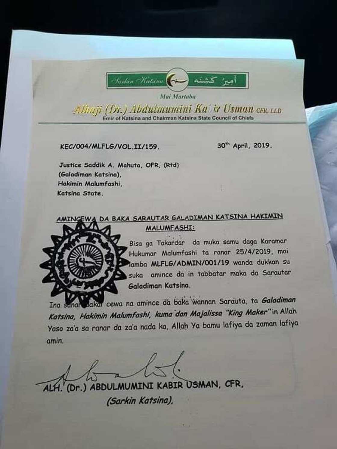 Masarautar Katsina ta nada sabon hakimin Malumfashi, galadiman Katsina Masarautar Katsina ta nada sabon hakimin Malumfashi, galadiman Katsina