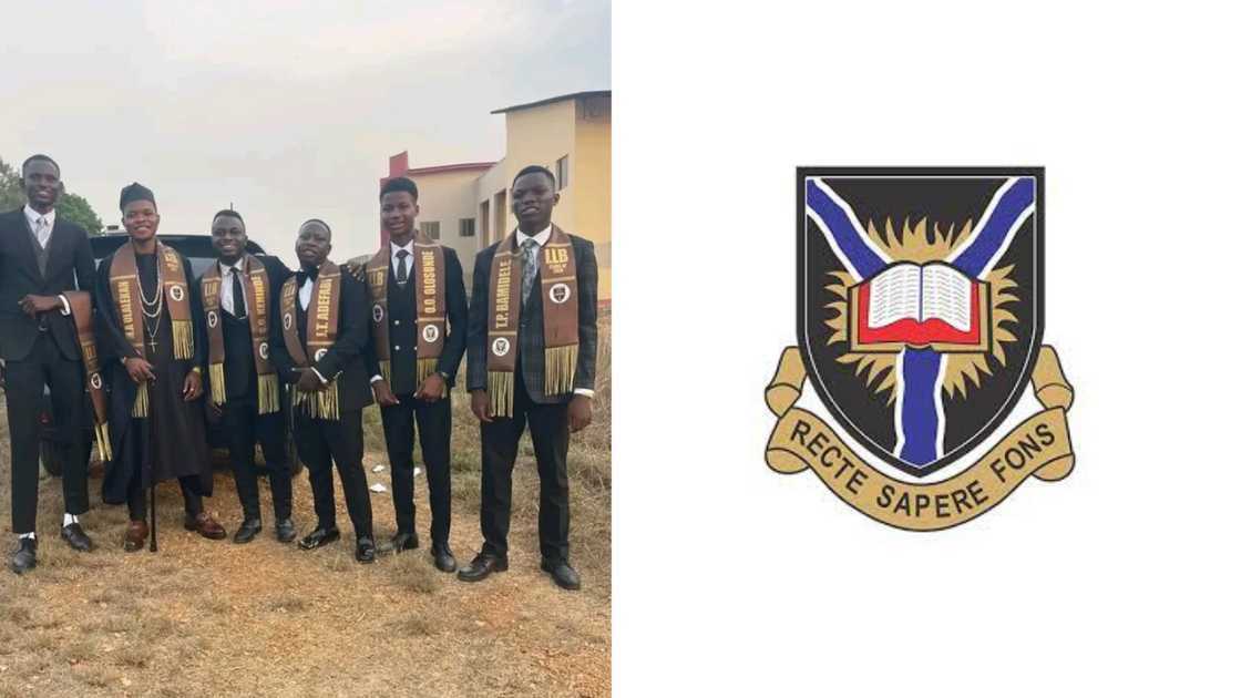 University of Ibadan graduates on their special day and the institution's logo University of Ibadan graduates on their special day and the institution's logo