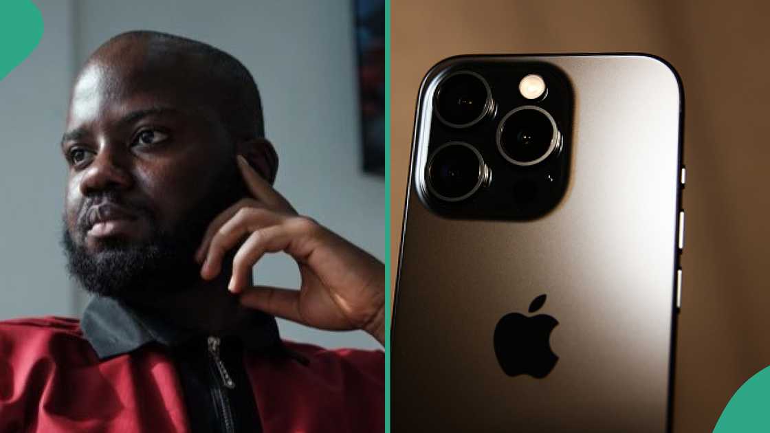 Man rejoices that he owns iPhone. Man rejoices that he owns iPhone.