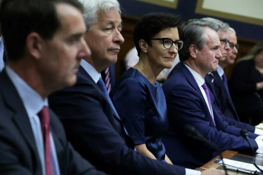 Left to right: PNC Financial Services CEO William Demchak, JPMorgan Chase CEO Jamie Dimon, Citigroup CEO Jane Fraser, Bank of America CEO Brian Moynihan, Truist Financial CEO William Rogers Jr and Wells Fargo CEO Charles Scharf are seen in a hearing on Capitol Hill Left to right: PNC Financial Services CEO William Demchak, JPMorgan Chase CEO Jamie Dimon, Citigroup CEO Jane Fraser, Bank of America CEO Brian Moynihan, Truist Financial CEO William Rogers Jr and Wells Fargo CEO Charles Scharf are seen in a hearing on Capitol Hill