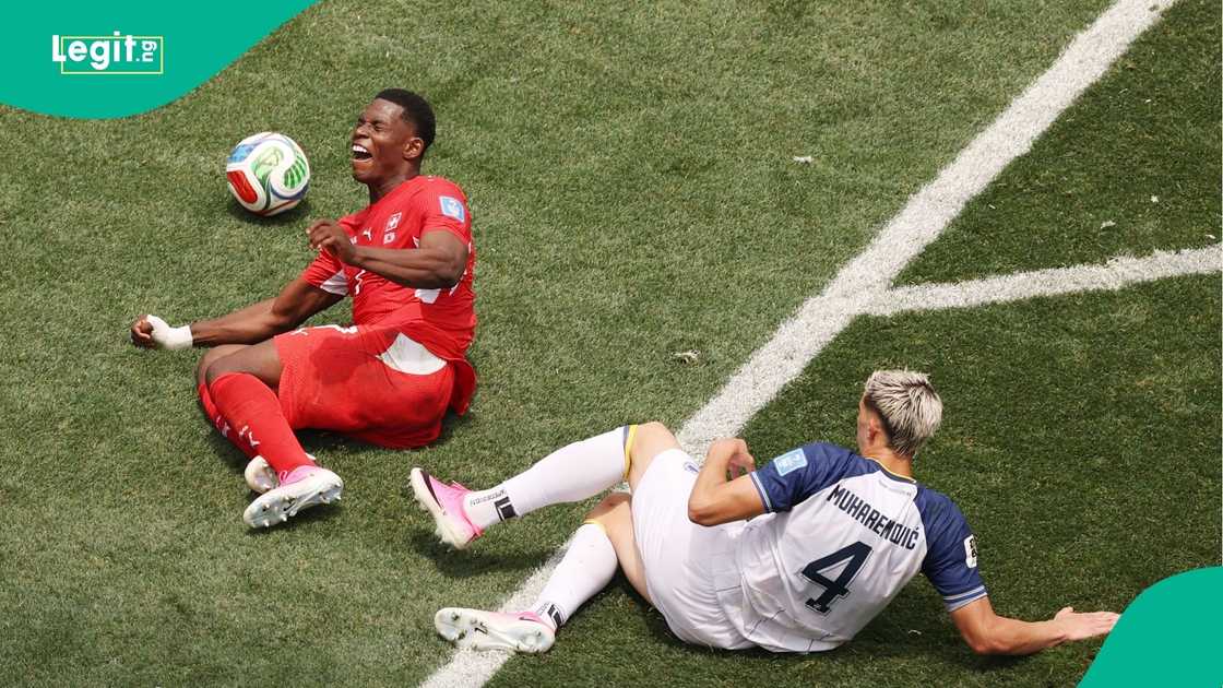 Tarik Muharemovic, Breel Embolo, FIFA, World Cup, Switzerland, Bosnia and Herzegovina, Los Angeles Stadium. Tarik Muharemovic, Breel Embolo, FIFA, World Cup, Switzerland, Bosnia and Herzegovina, Los Angeles Stadium.