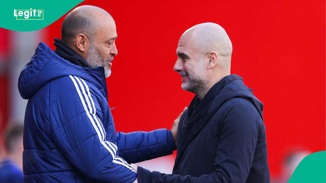 Nuno Esprito Santo, Pep Guardiola, Nottingham Forest, Manchester City, City Ground, Premier League. Nuno Esprito Santo, Pep Guardiola, Nottingham Forest, Manchester City, City Ground, Premier League.