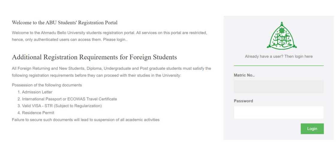 ABU students' registration portal