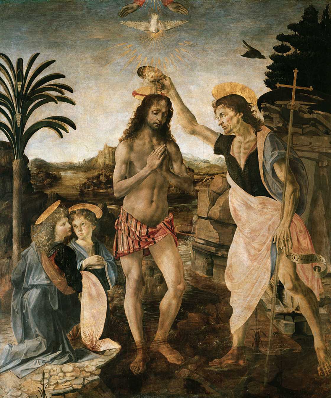 The Baptism of Christ painting by Andrea del Verrocchio and Leonardo da Vinci The Baptism of Christ painting by Andrea del Verrocchio and Leonardo da Vinci