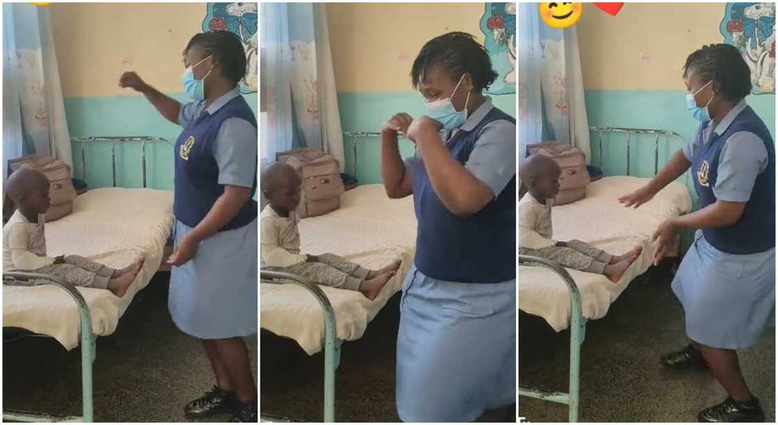 Photos of a nurse dancing for a kid in hospital ward.