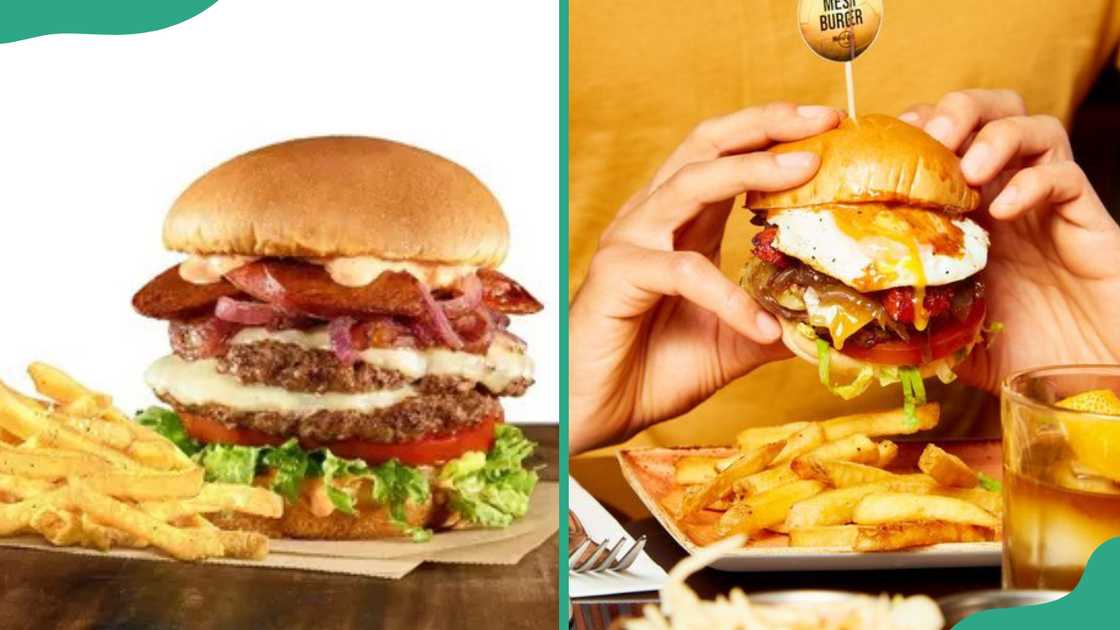 A loaded double cheeseburger(L). A photo showing someone ready to eat a Messi burger (R) A loaded double cheeseburger(L). A photo showing someone ready to eat a Messi burger (R)