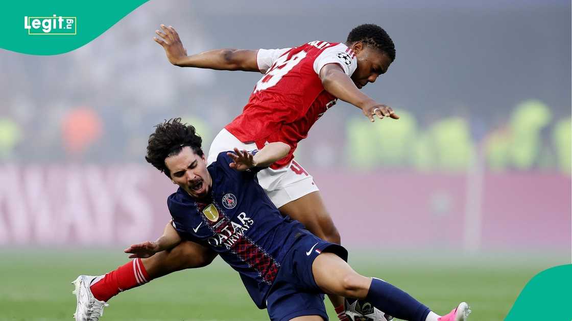 Myles Lewis-Skelly, Vitinha, UEFA, Champions League, Paris Saint-Germain, Arsenal, Puskas Arena, Budapest, Hungary Myles Lewis-Skelly, Vitinha, UEFA, Champions League, Paris Saint-Germain, Arsenal, Puskas Arena, Budapest, Hungary